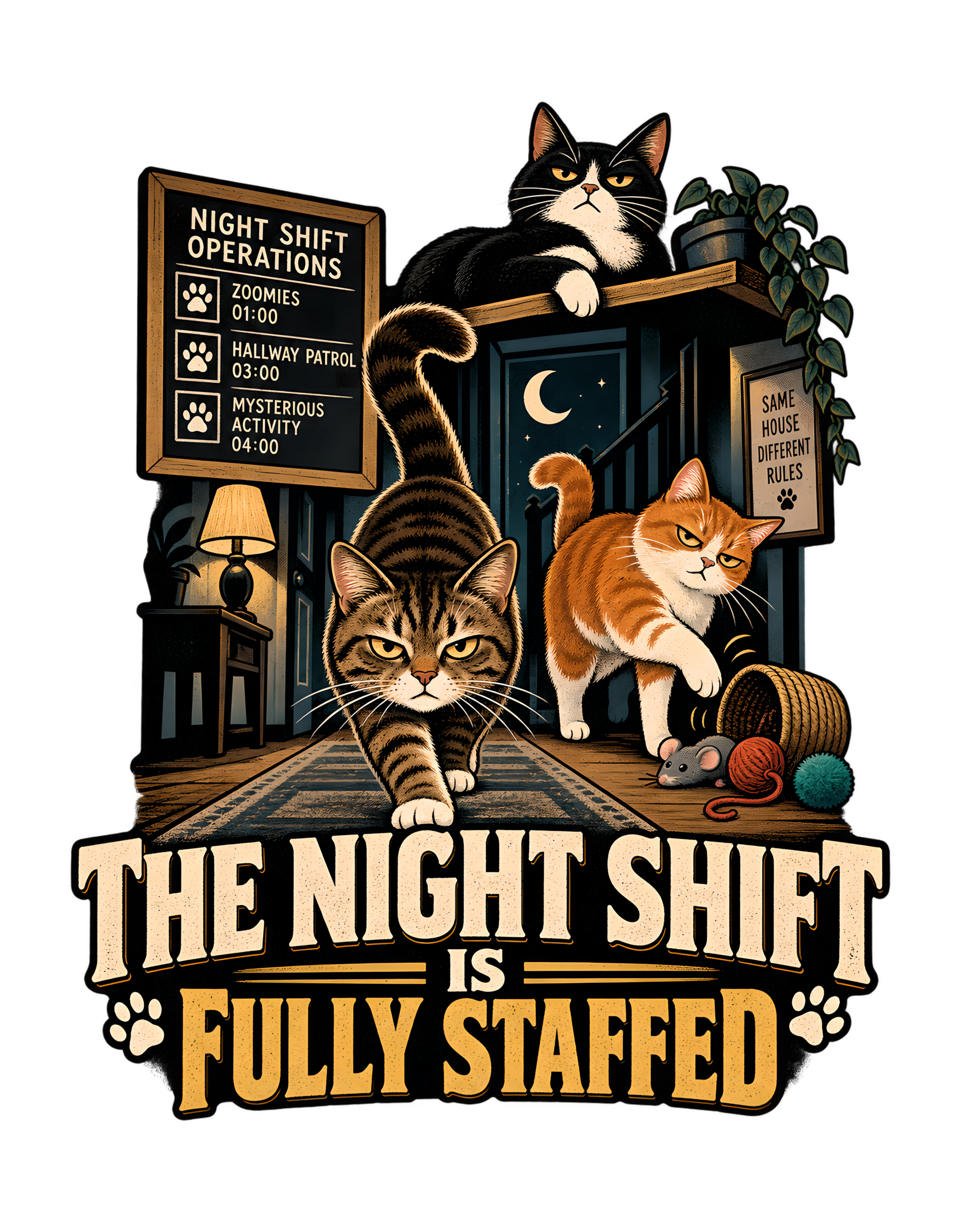 Vintage-style artwork of three cats running a nighttime household operation with a board listing “ZOOMIES 01:00,” “HALLWAY PATROL 03:00,” and “MYSTERIOUS ACTIVITY 04:00,” above the phrase “THE NIGHT SHIFT IS FULLY STAFFED.”
