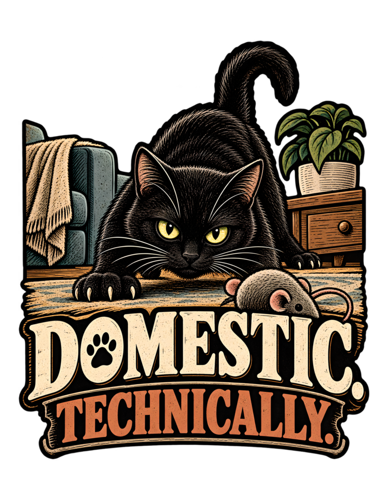 Vintage-style artwork of a crouched black cat with yellow-green eyes, visible claws, and raised tail stalking a small mouse-shaped object in a living room above the phrase “DOMESTIC. TECHNICALLY.”