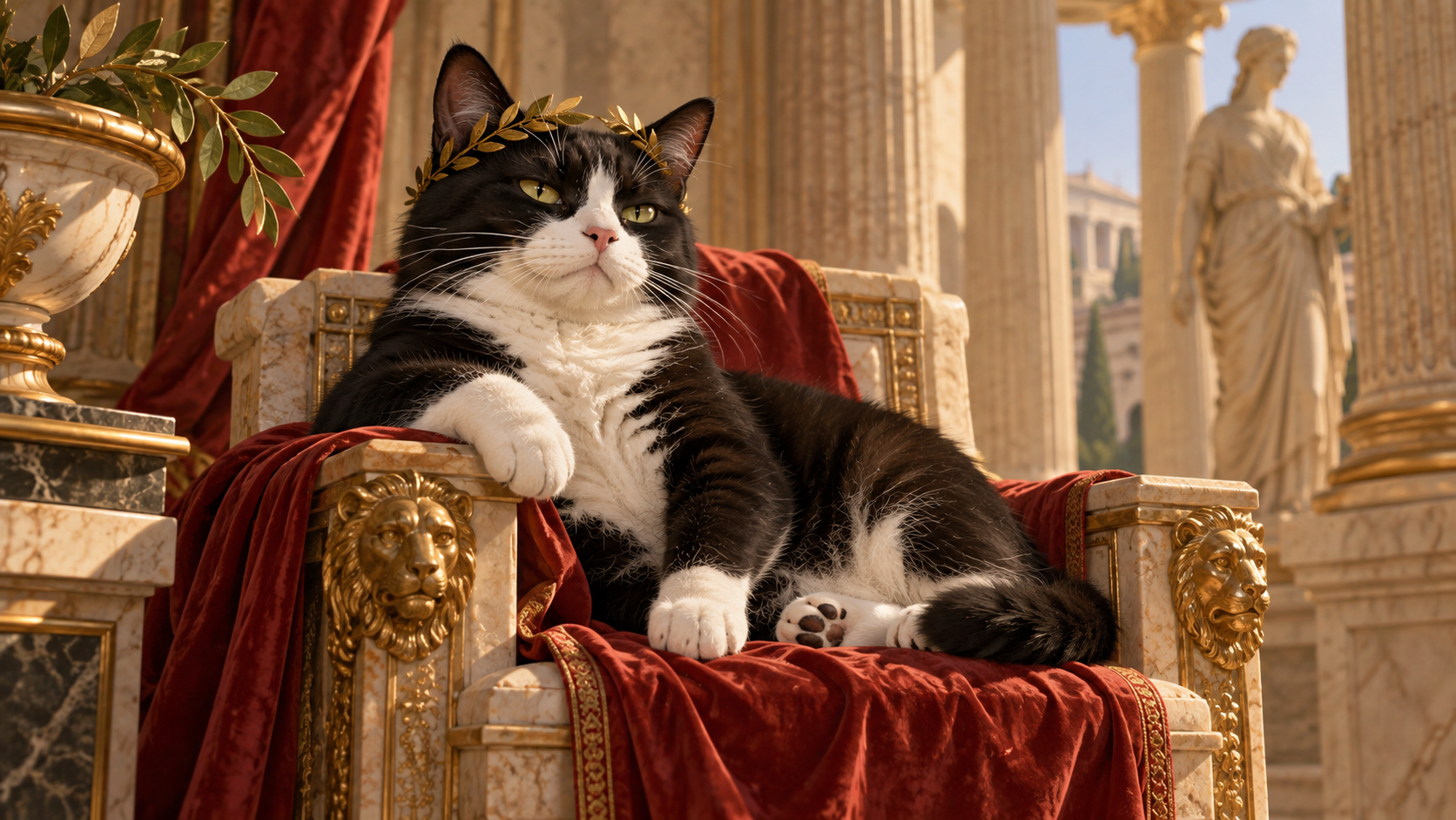 An unmistakably feline tuxedo house cat sits with familiar paws, whiskers, ears, and a mildly unimpressed expression while subtle ceremonial details elevate the scene.