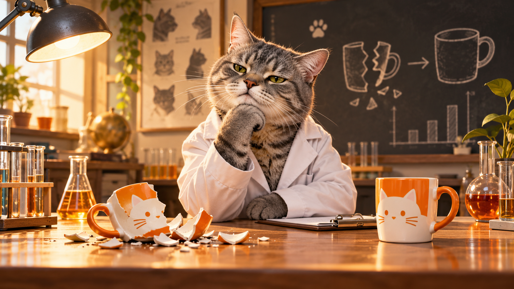 A skeptical gray tabby scientist calmly considers a harmless broken mug and an intact sample in a warm laboratory scene with no aggression or danger.