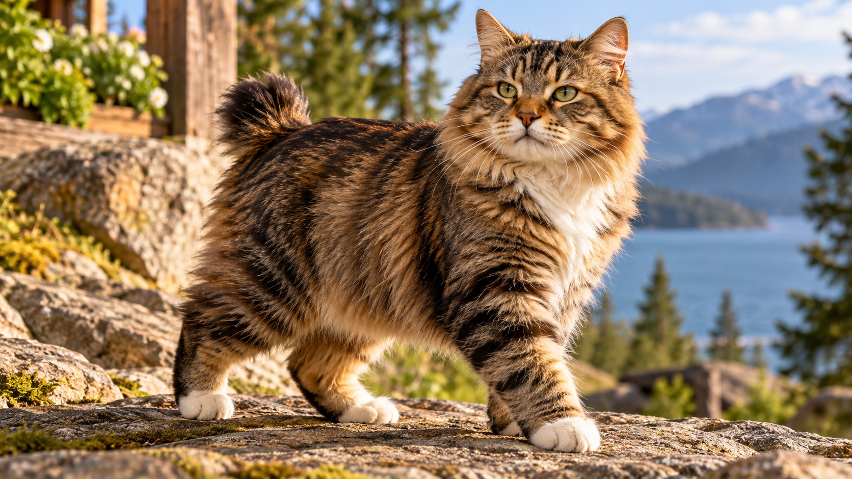 An American Bobtail stands in three-quarter view with its naturally shortened tail clearly visible alongside its sturdy build and shaggy coat.