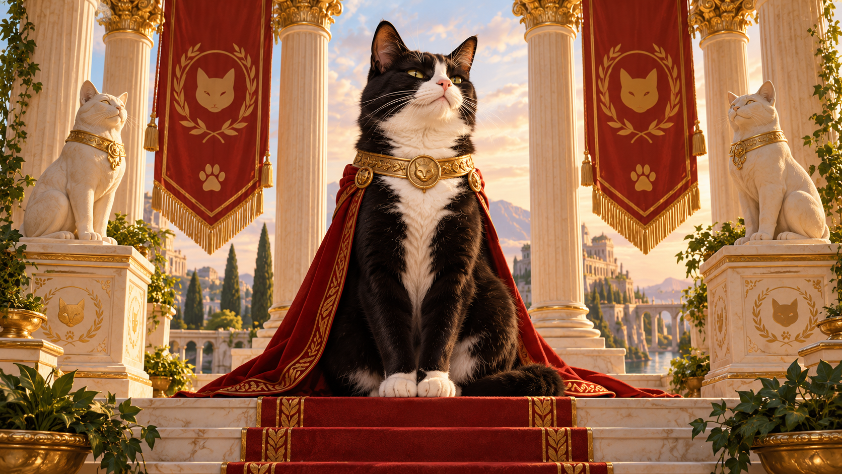 Stylized classical columns, feline banners, stone cat statues, greenery, and gold accents form a compact ceremonial environment built around cat-centered symbolism.