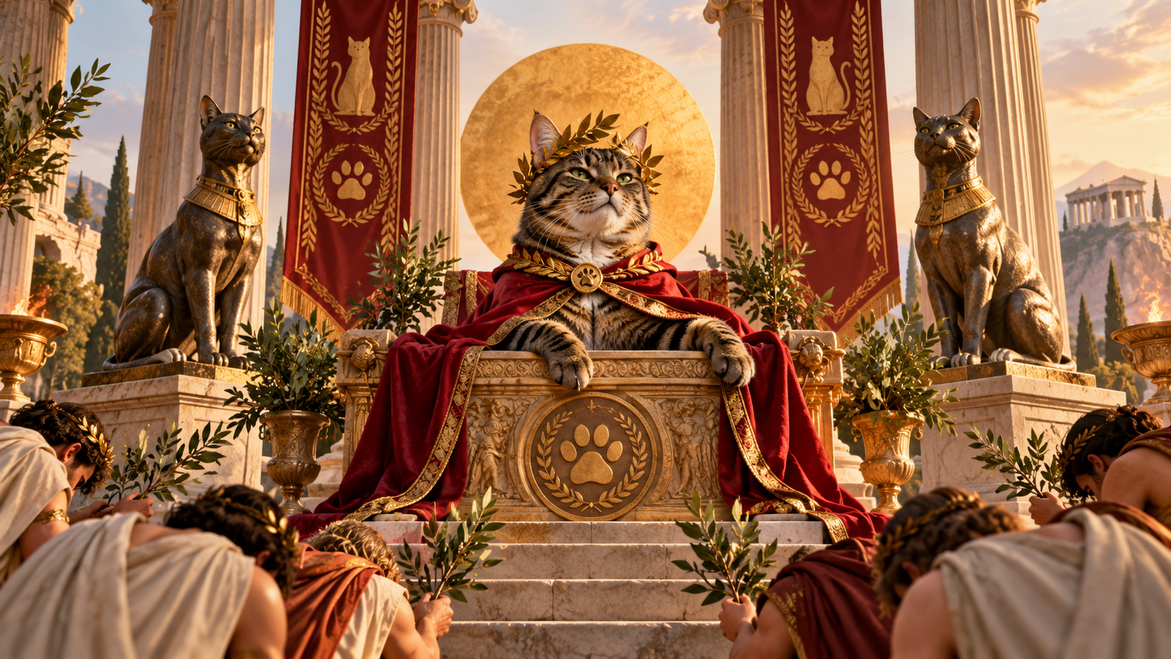 Stylized classical symbols such as columns, laurels, banners, statues, and a throne-like seat are reworked with feline motifs to create playful ceremonial satire.