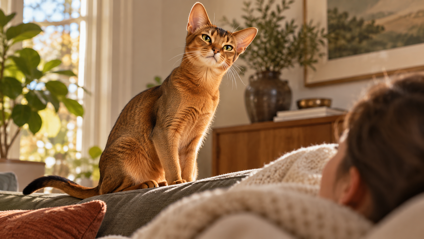 Refined Abyssinian portrait showing a slender athletic build, warm ticked coat, large ears, and alert eyes.