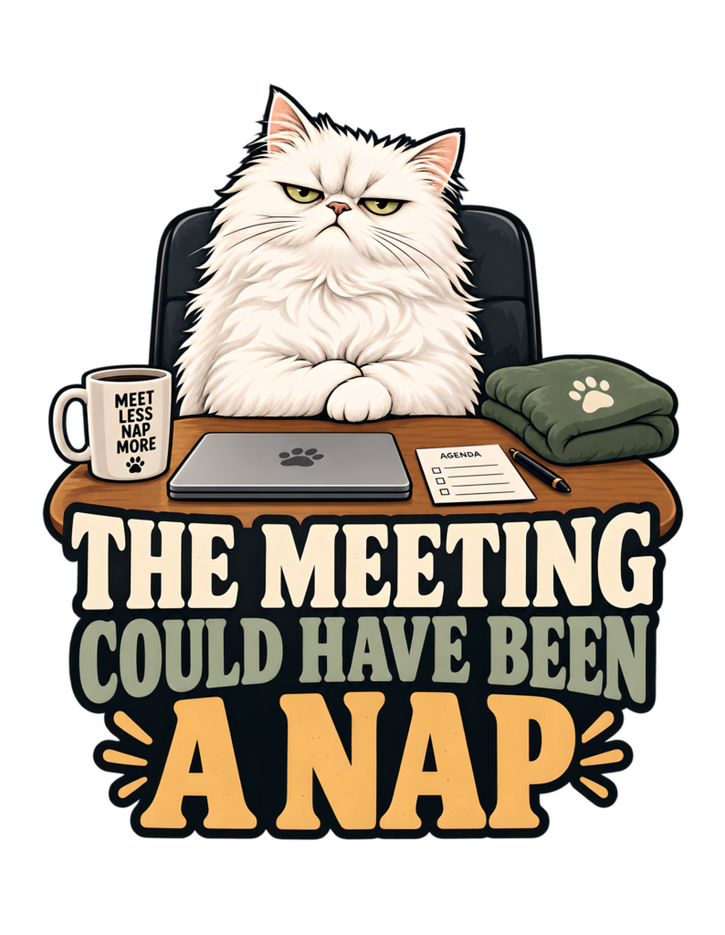 Unimpressed fluffy white cat behind a wooden meeting desk with a closed laptop, small agenda, coffee mug reading “MEET LESS NAP MORE,” and folded green cushion; large lettering reads “THE MEETING COULD HAVE BEEN A NAP.”