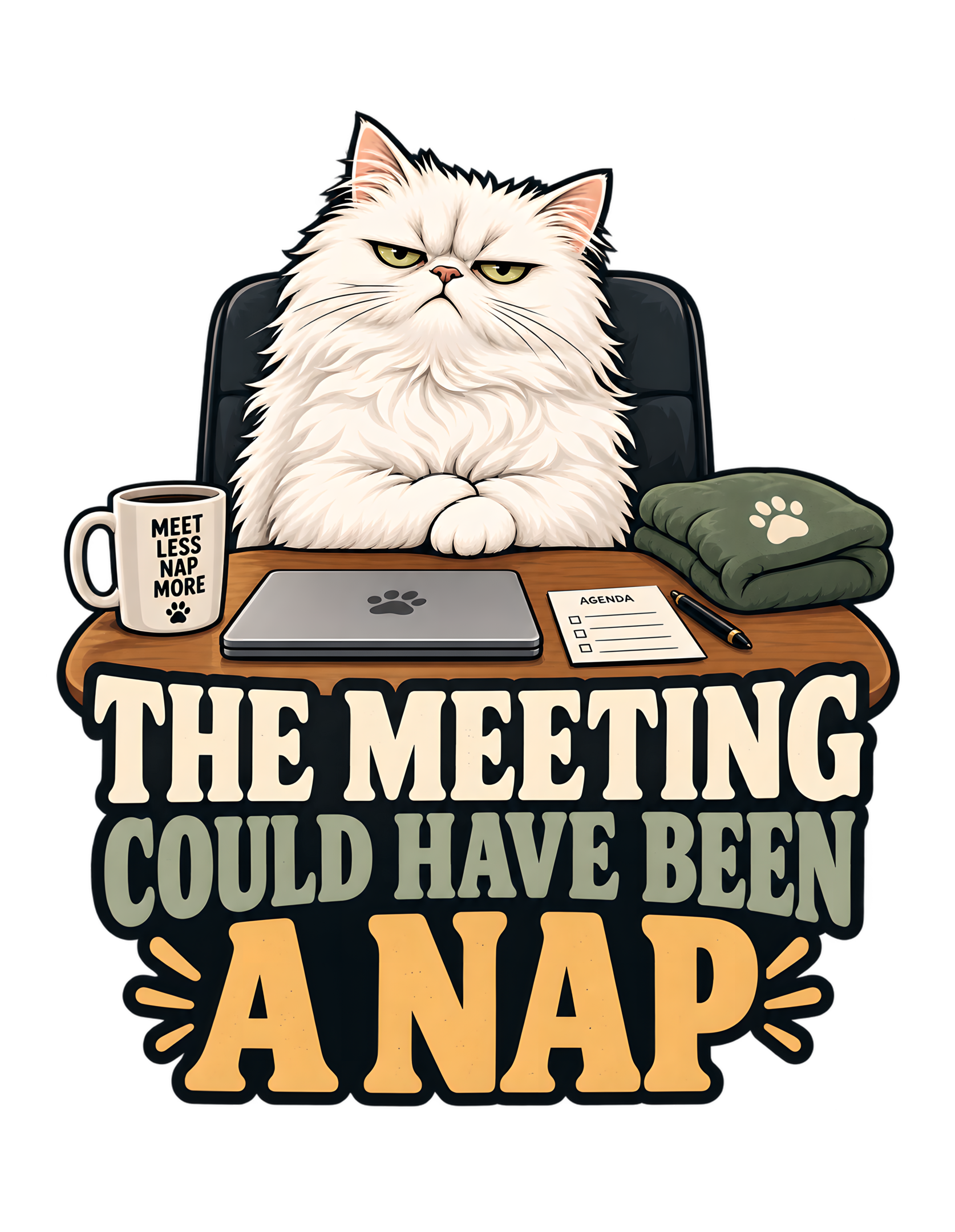 Unimpressed fluffy white cat behind a wooden meeting desk with a closed laptop, small agenda, coffee mug reading “MEET LESS NAP MORE,” and folded green cushion; large lettering reads “THE MEETING COULD HAVE BEEN A NAP.”