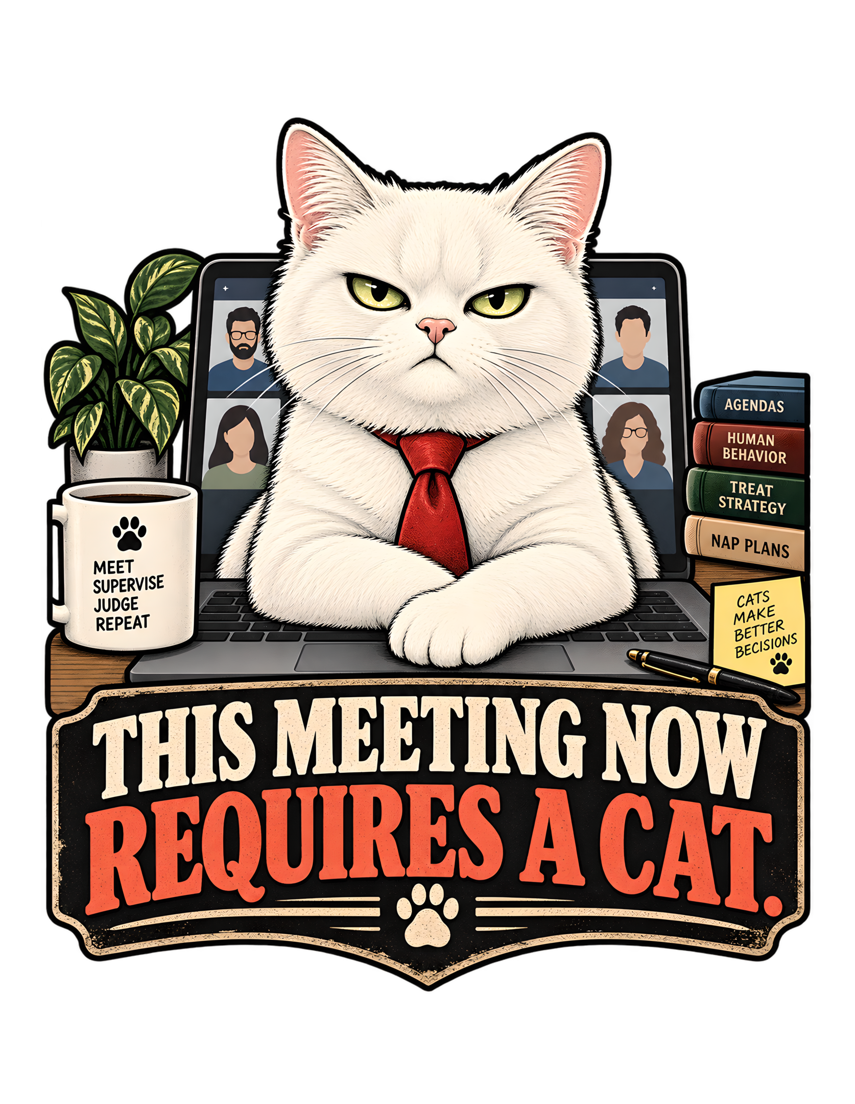 Vintage-style artwork of a serious white cat in a red tie sitting in front of a laptop video call with four human participants above the phrase “THIS MEETING NOW REQUIRES A CAT.”