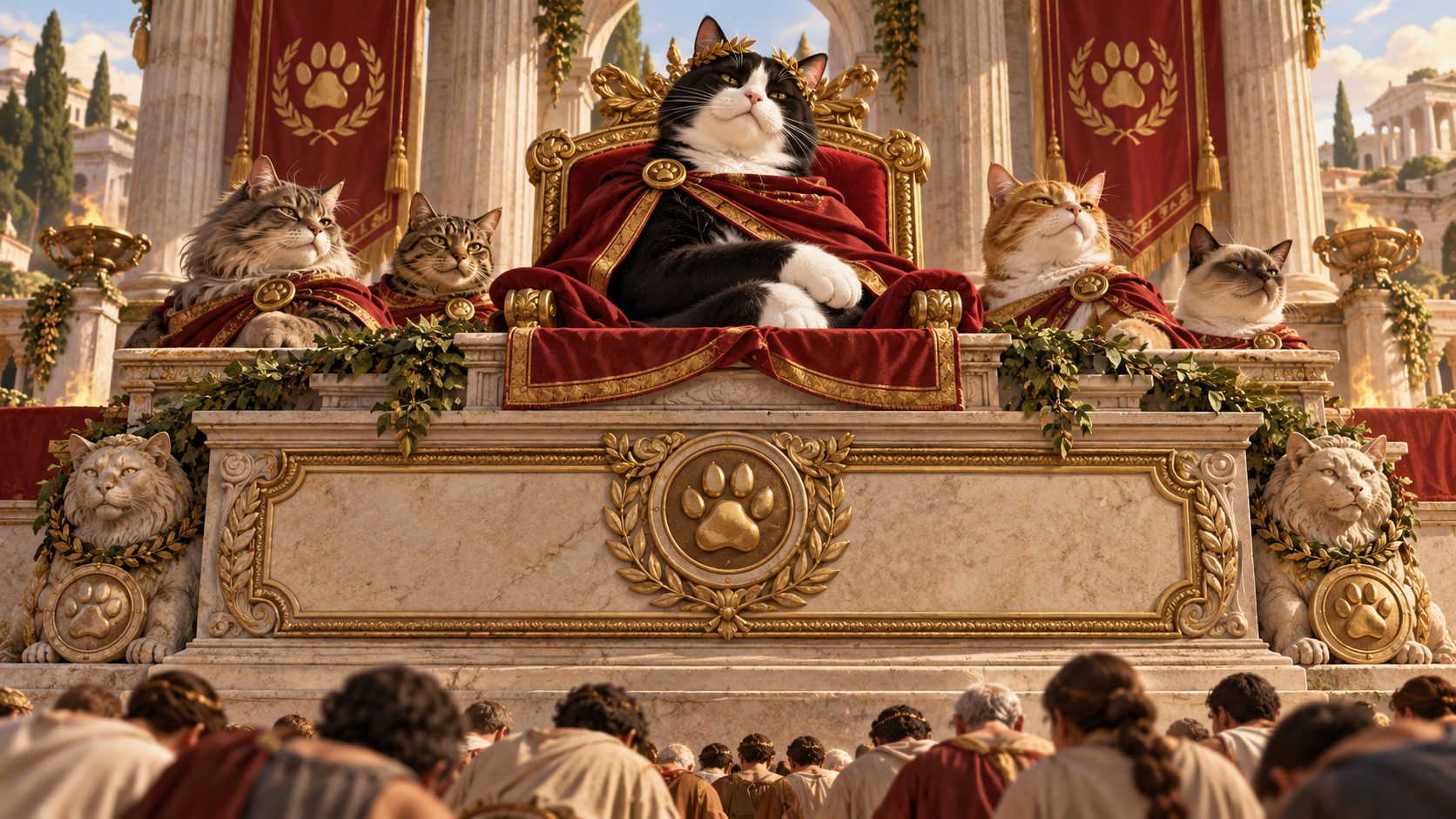 A ceremonial feline monument rests on a heavy stone base with laurel ornament and paw emblems, suggesting an inscription designed to feel permanent rather than casual.