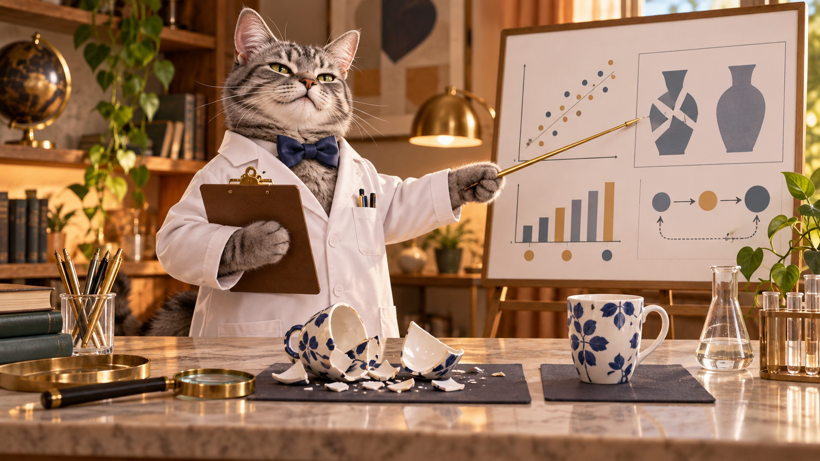 A self-assured gray tabby scientist presents a broken household object and an intact replacement sample with the confidence of a formal research briefing.