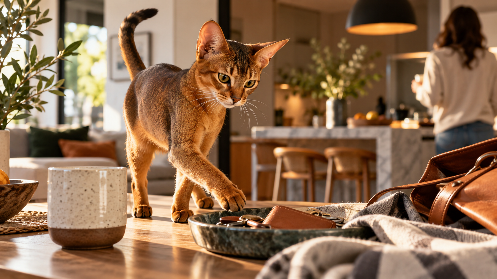 Alert Abyssinian with a warm ticked coat and athletic build observing activity in a modern home.