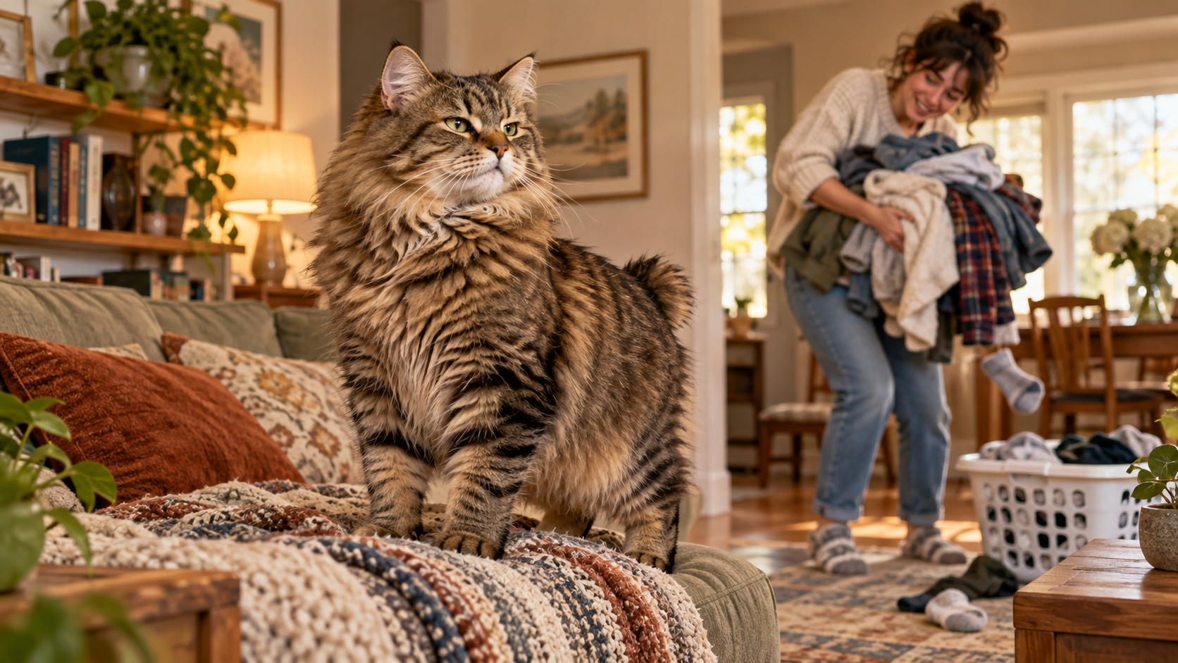 An American Bobtail calmly observes a human handling an ordinary household task, looking watchful but notably unbothered.