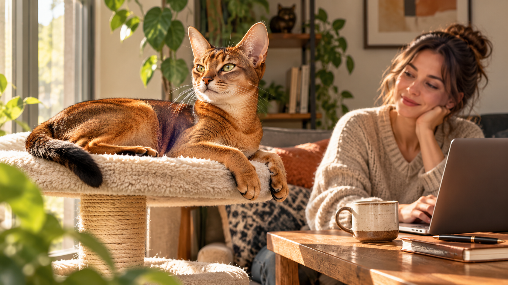 Abyssinian resting in its own nearby space while remaining socially connected to a familiar person.