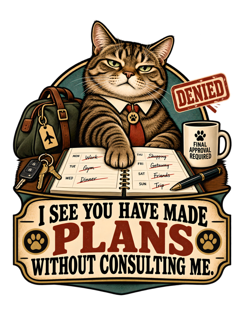 Retro illustrated tabby in collar and red tie rests a paw on a marked weekly planner beside keys, a travel bag, a DENIED notice, and an approval mug above the phrase “I SEE YOU HAVE MADE PLANS WITHOUT CONSULTING ME.”