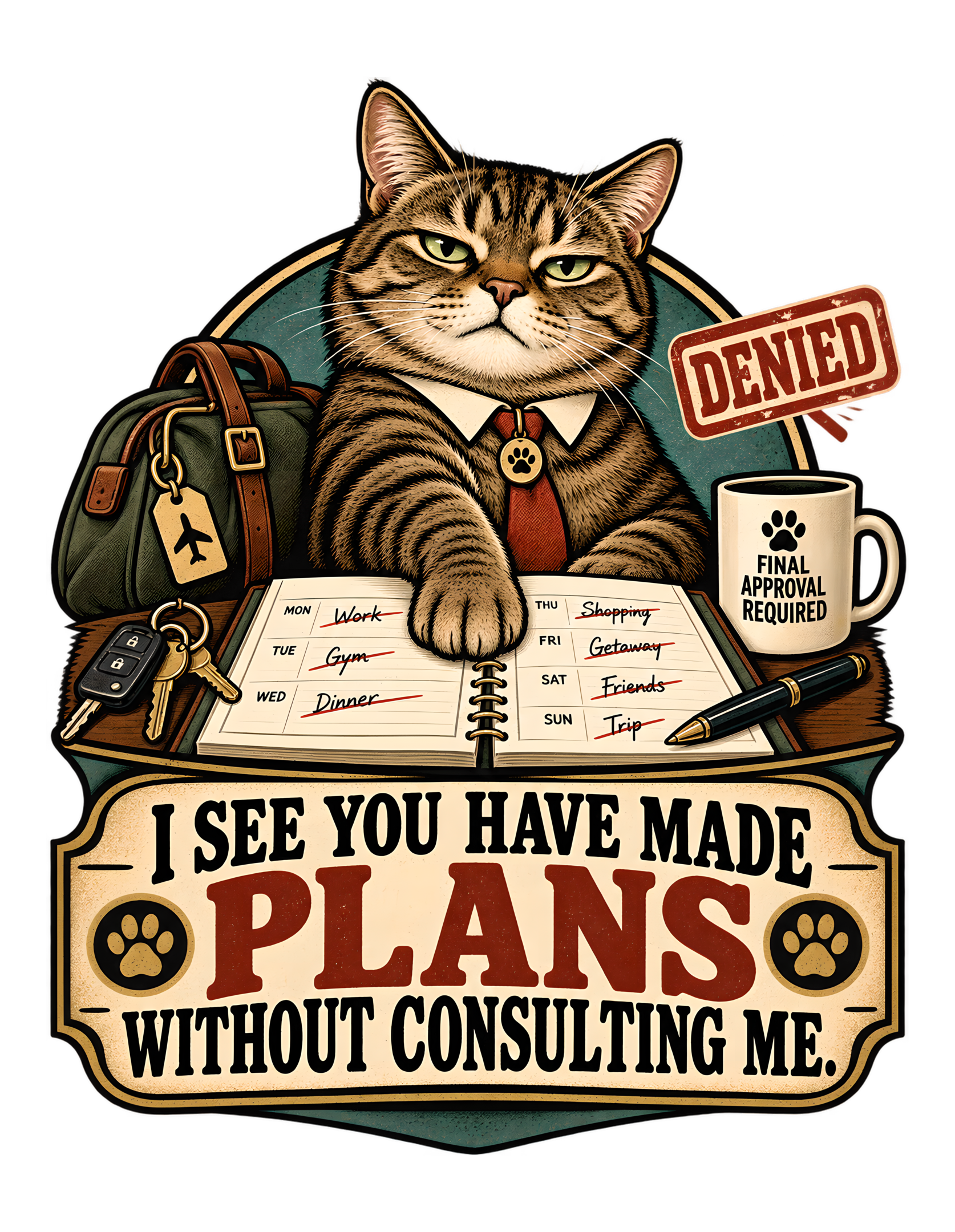 Retro illustrated tabby in collar and red tie rests a paw on a marked weekly planner beside keys, a travel bag, a DENIED notice, and an approval mug above the phrase “I SEE YOU HAVE MADE PLANS WITHOUT CONSULTING ME.”