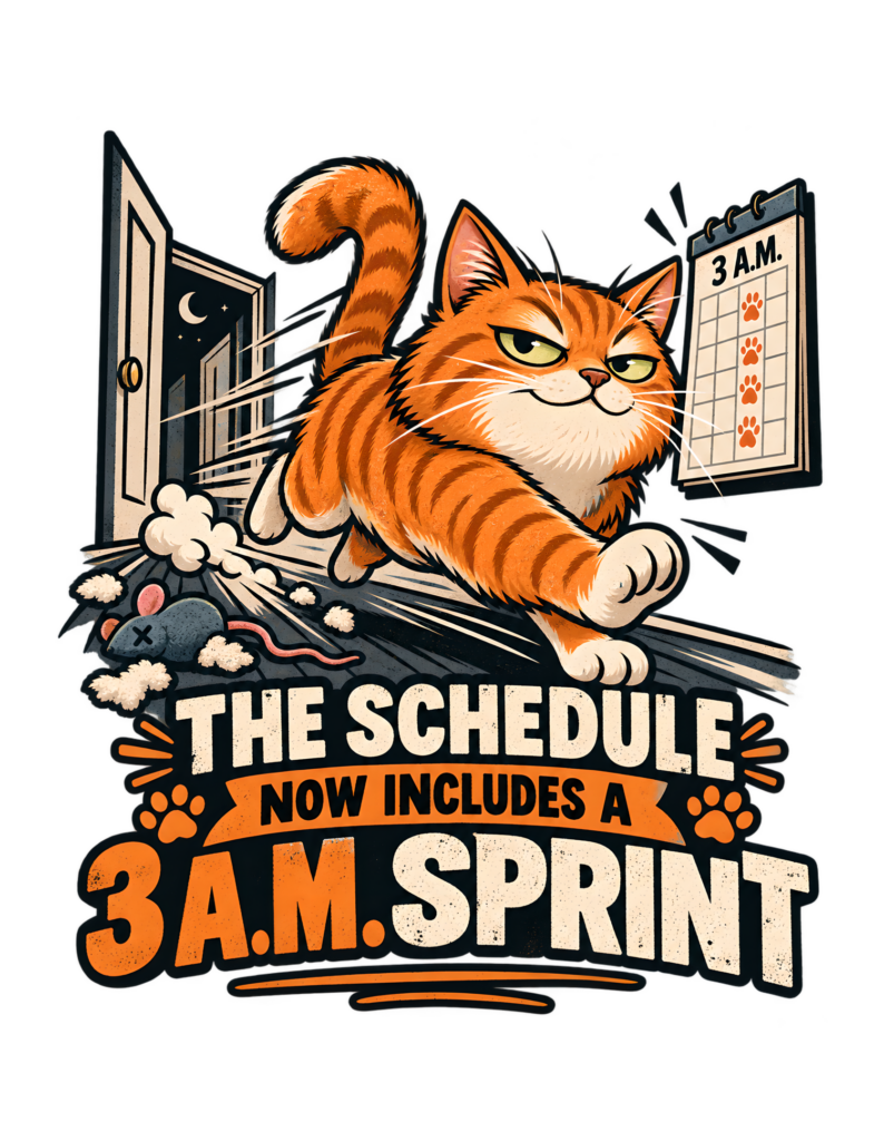 Distressed retro illustration of an orange tabby sprinting through a nighttime hallway beside a paw-marked 3 A.M. calendar, open moonlit doorway, scattered toy stuffing, and the phrase “THE SCHEDULE NOW INCLUDES A 3 A.M. SPRINT.”