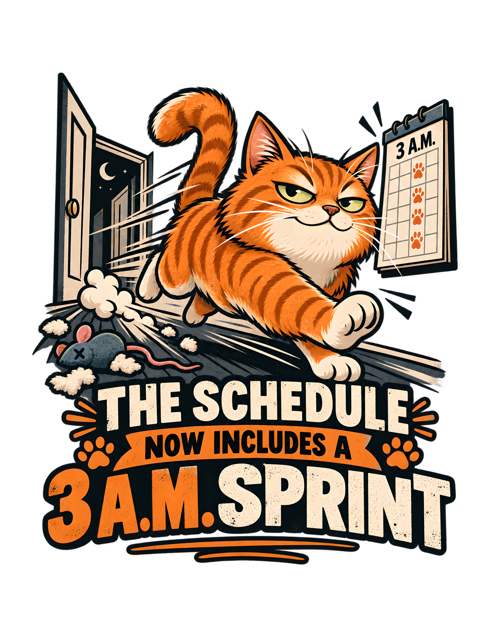 Distressed retro illustration of an orange tabby sprinting through a nighttime hallway beside a paw-marked 3 A.M. calendar, open moonlit doorway, scattered toy stuffing, and the phrase “THE SCHEDULE NOW INCLUDES A 3 A.M. SPRINT.”
