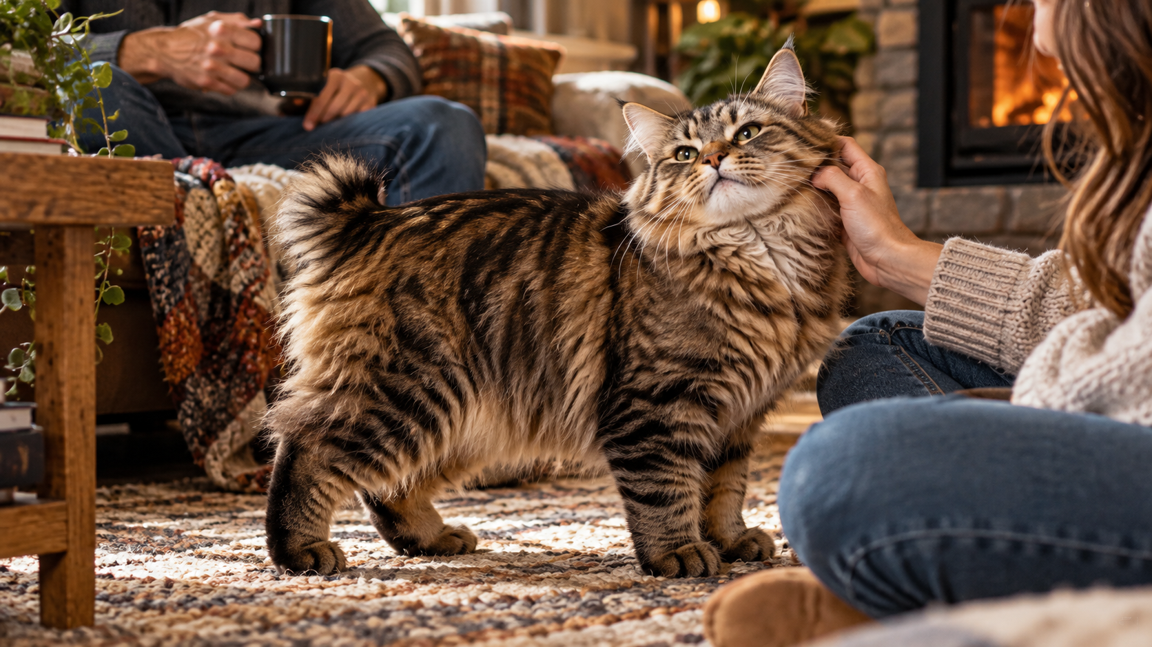 An American Bobtail sits comfortably near two people in a calm home setting, conveying a socially positive and human-friendly profile.