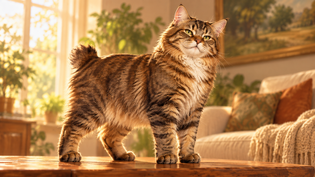 A sturdy American Bobtail with a broad head, shaggy coat, and naturally shortened tail stands calmly in a warm home interior with an alert, easygoing expression.