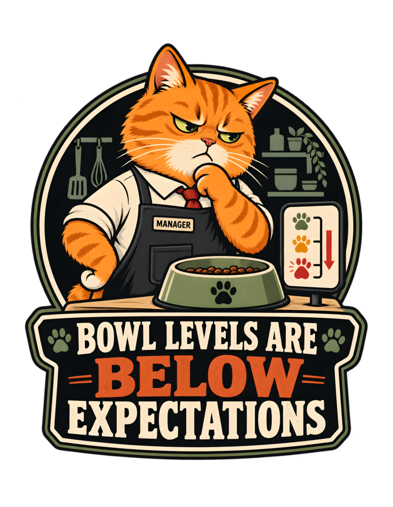 Vintage badge-style artwork of an orange cat manager in a shirt, tie, and apron beside a partially filled green food bowl and descending paw-print gauge above the phrase “BOWL LEVELS ARE BELOW EXPECTATIONS.”