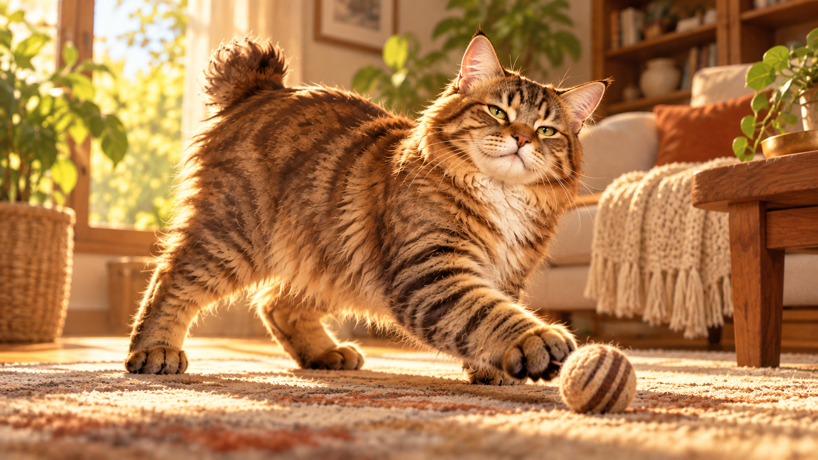 A sturdy American Bobtail moves through a bright home with an alert, playful expression and a simple toy nearby.