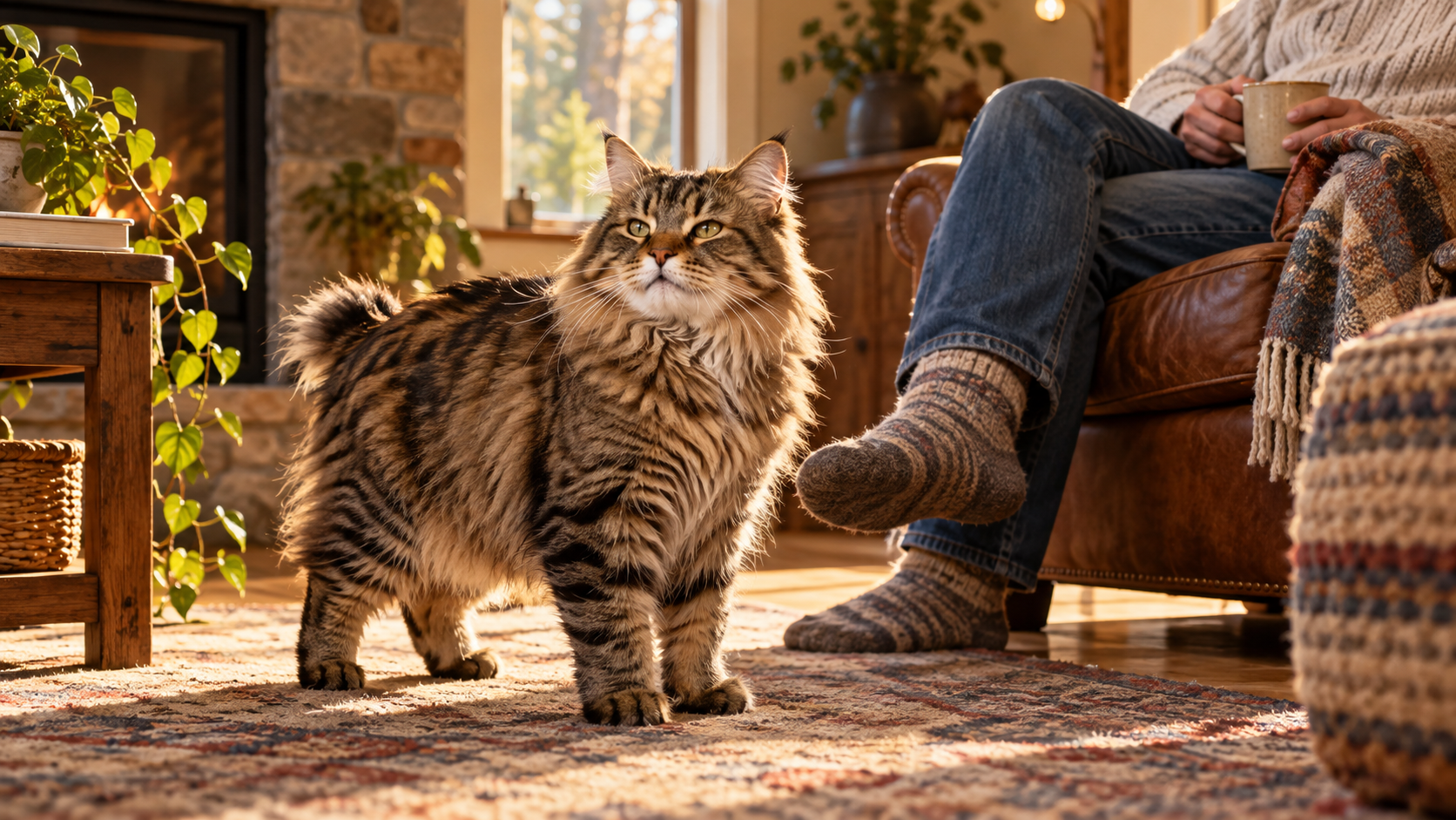 An American Bobtail rests comfortably near a seated human, suggesting affection and companionship without constant physical attention.