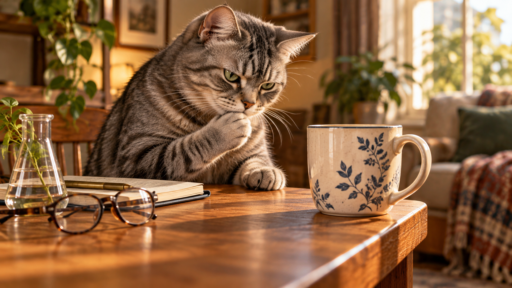 A gray tabby cat studies a household mug near the edge of a table with mock scientific seriousness in a warm, familiar home setting.