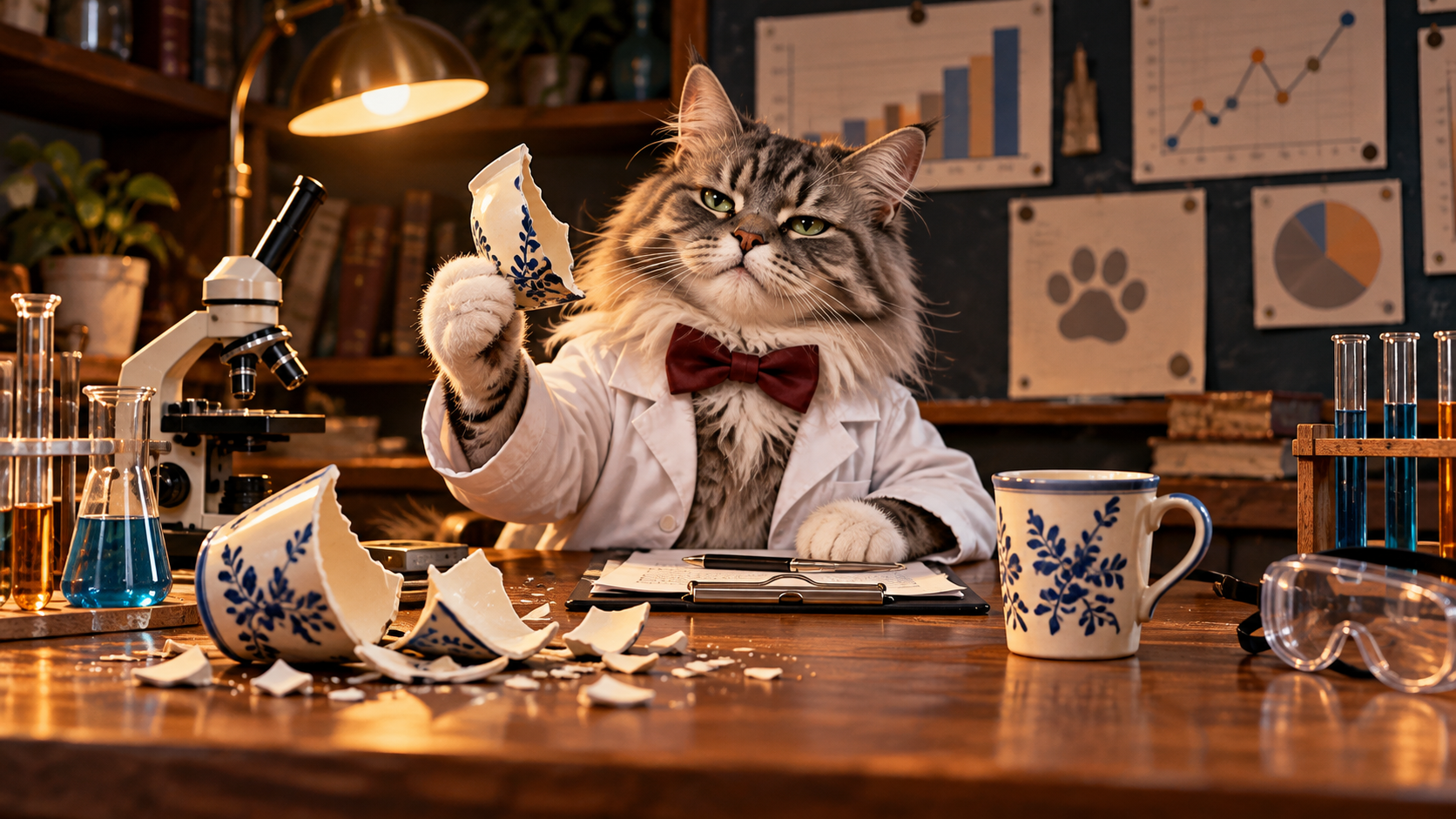 A vintage-inspired composition uses large cream and orange geometric title blocks beneath a scientist-cat silhouette to demonstrate strong visual hierarchy without readable text.