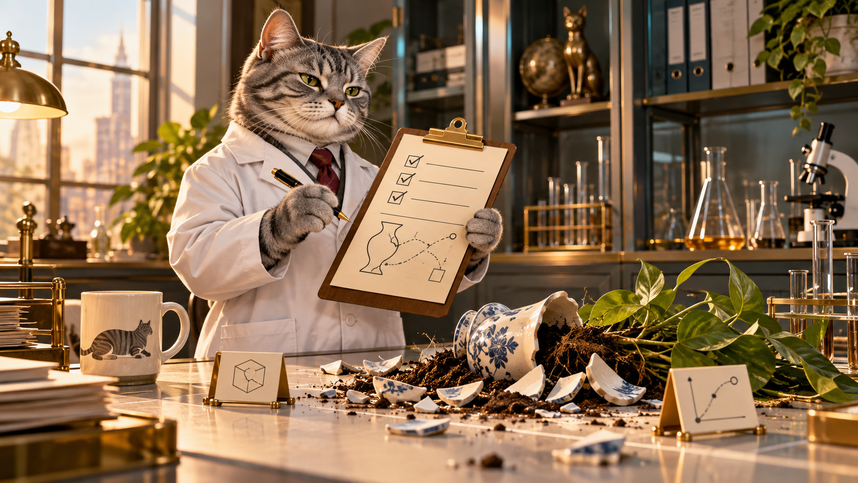 A gray tabby cat scientist stands beside a lab bench and an orderly clipboard filled with abstract check marks, making the experiment look formally scheduled and documented.