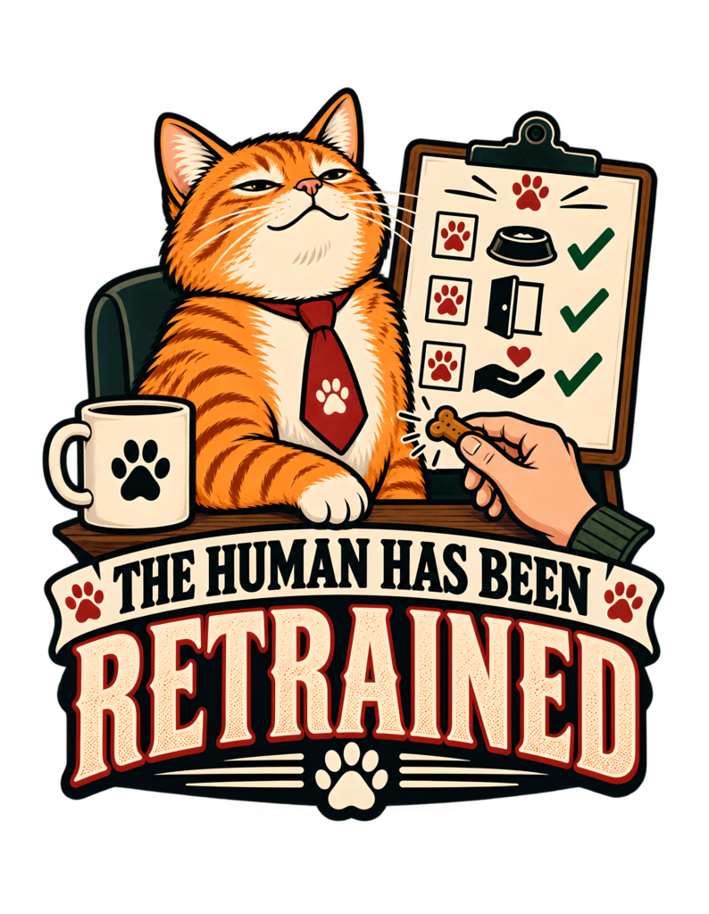 Retro illustration of a smug orange tabby in a red tie beside a paw-marked training checklist with bowl, door, and attention icons, all checked complete, while a human hand offers a treat above the phrase “THE HUMAN HAS BEEN RETRAINED.”
