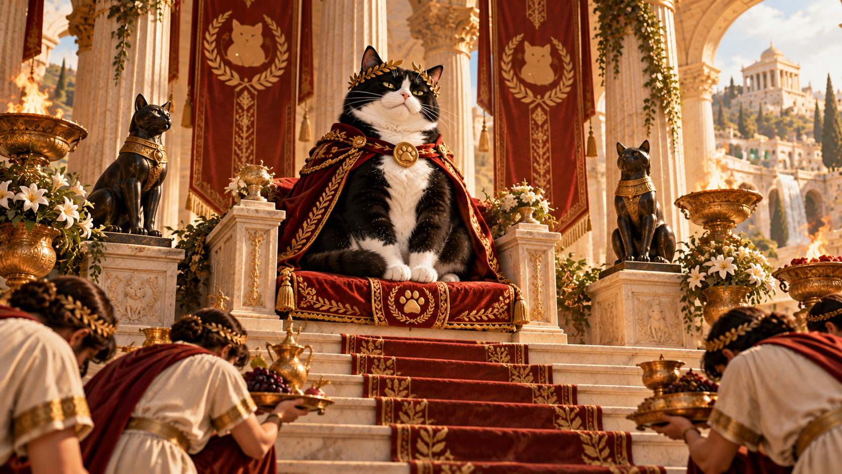 An ordinary tuxedo cat receives an extravagantly serious ceremonial presentation with columns, banners, statues, and formal lighting while remaining perfectly calm.