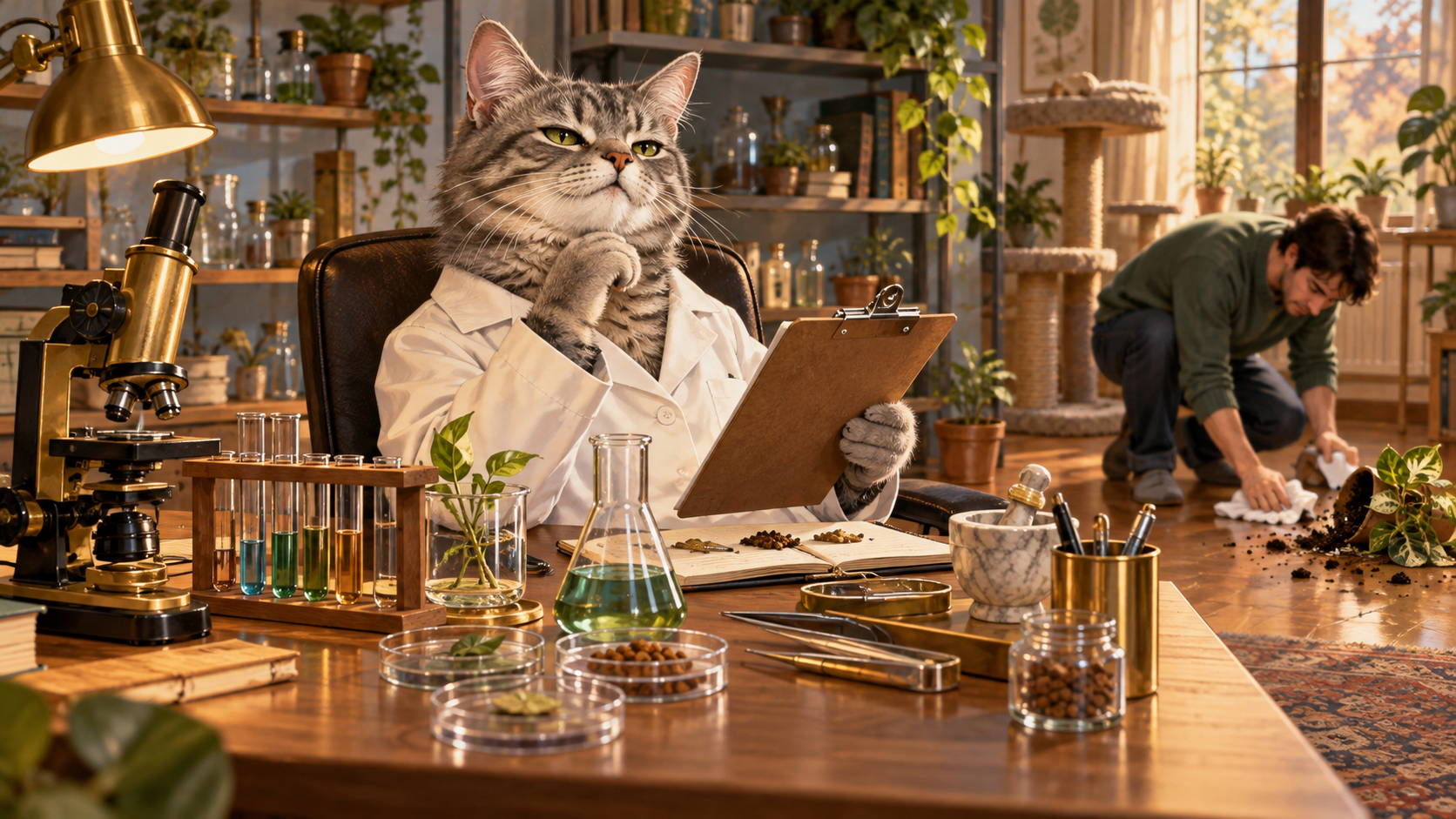 A composed gray tabby scientist controls a tidy laboratory while a secondary human figure in the background handles the consequences of the feline experiment.
