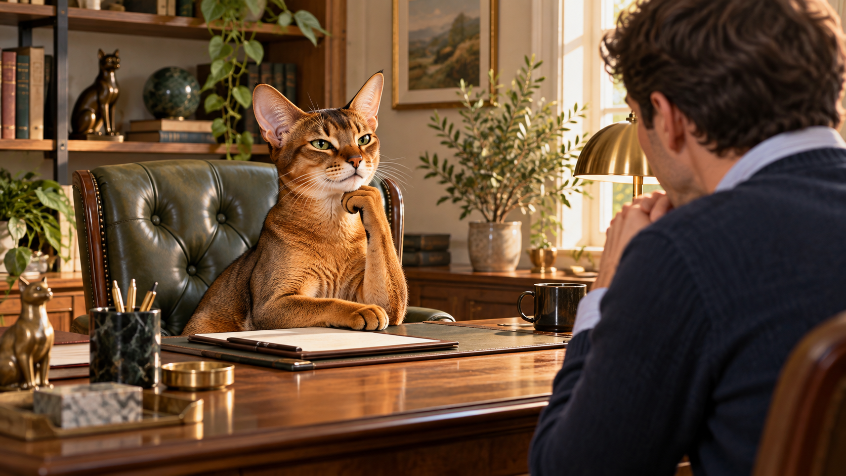 Authoritative Abyssinian facing a human in a playful editorial scene resembling a performance review.