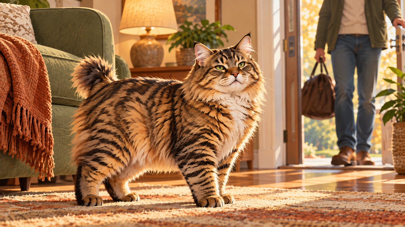 An American Bobtail calmly observes an adult visitor entering a home, showing relaxed social awareness without exaggerated friendliness.