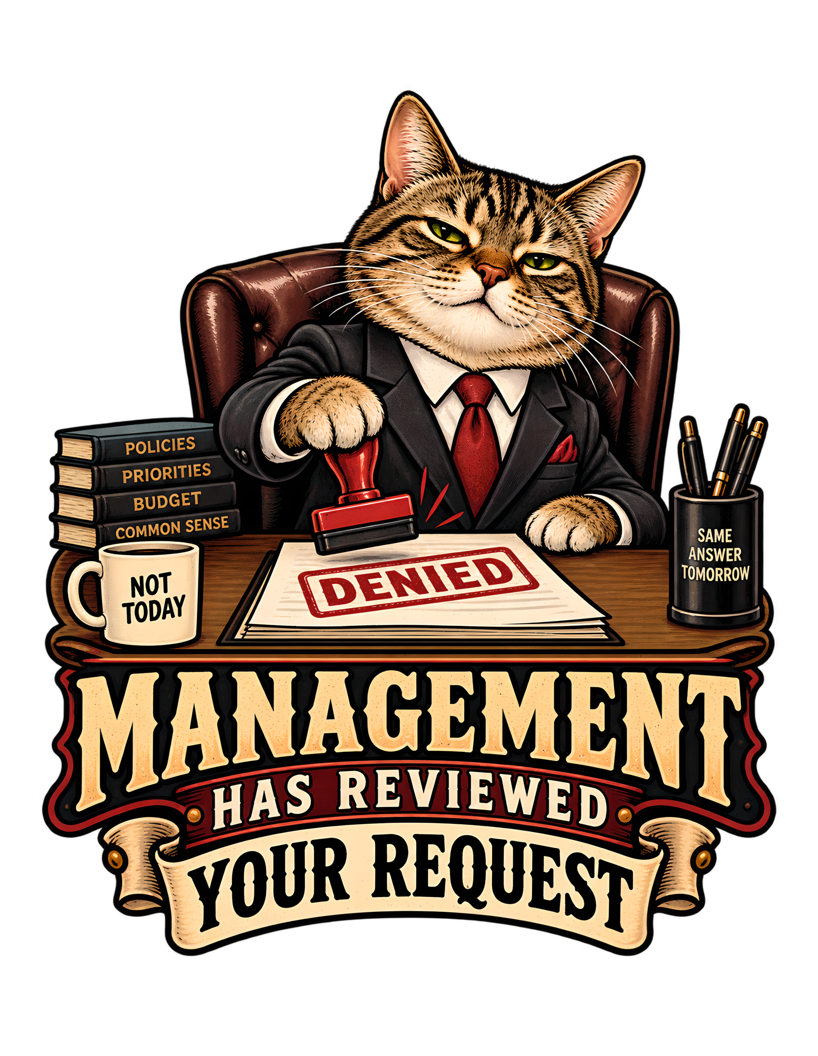 Vintage-style artwork of a tabby cat manager in a dark suit and red tie stamping a document “DENIED,” beside books labeled “POLICIES,” “PRIORITIES,” “BUDGET,” and “COMMON SENSE,” above “MANAGEMENT HAS REVIEWED YOUR REQUEST.”