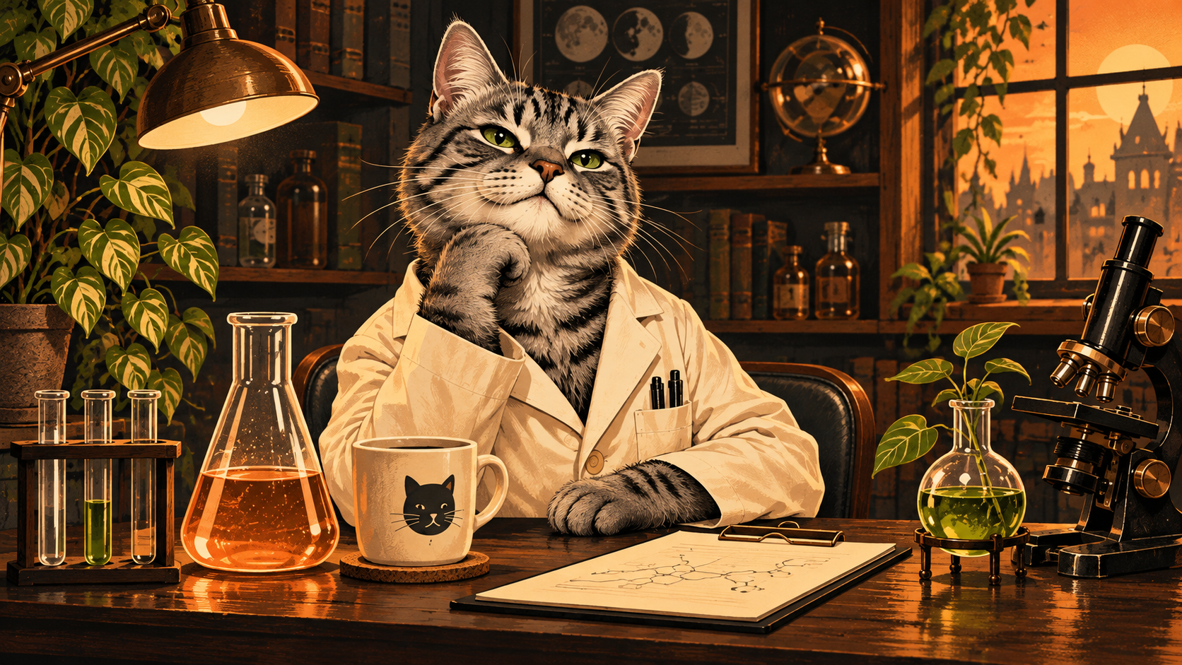 A gray tabby cat scientist and simple laboratory props are rendered in a controlled palette of cream, black, gray, warm orange, and restrained green.