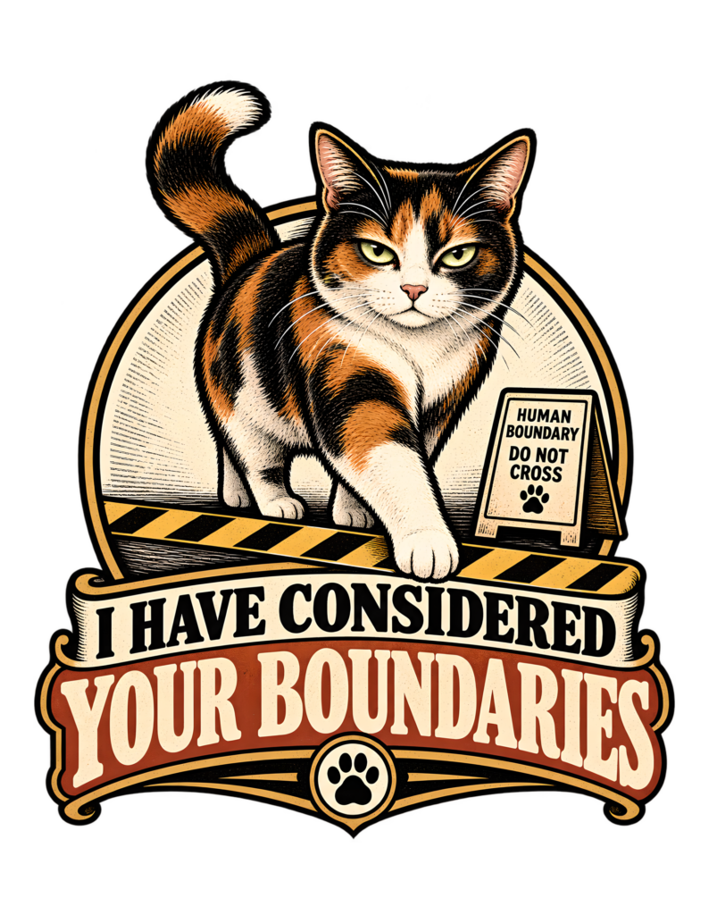 Vintage woodcut-inspired artwork of a calico cat stepping across a black-and-gold boundary line beside a sign reading “HUMAN BOUNDARY DO NOT CROSS,” above the phrase “I HAVE CONSIDERED YOUR BOUNDARIES.”