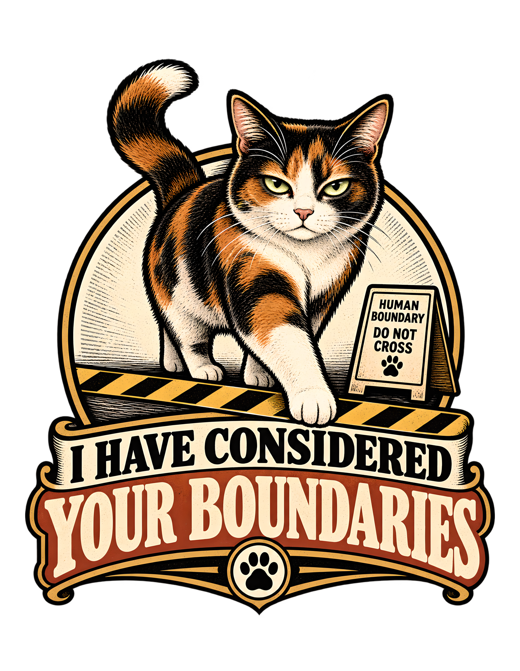 Vintage woodcut-inspired artwork of a calico cat stepping across a black-and-gold boundary line beside a sign reading “HUMAN BOUNDARY DO NOT CROSS,” above the phrase “I HAVE CONSIDERED YOUR BOUNDARIES.”