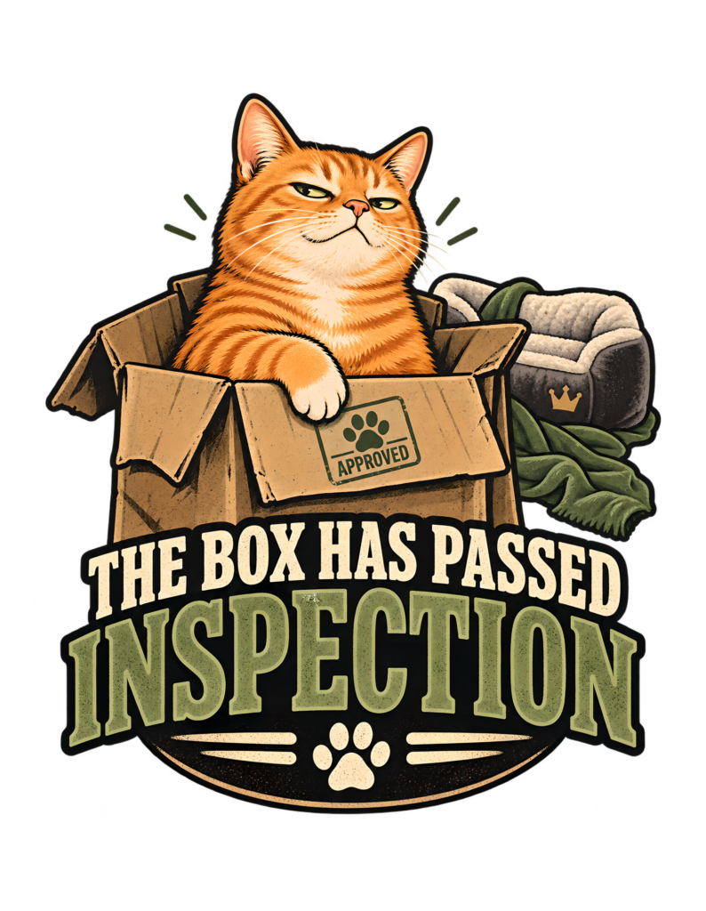 Vintage badge-style artwork of a confident orange tabby sitting inside a slightly dented cardboard box with an APPROVED paw stamp, while a plush cat bed sits ignored behind it above the phrase “THE BOX HAS PASSED INSPECTION.”