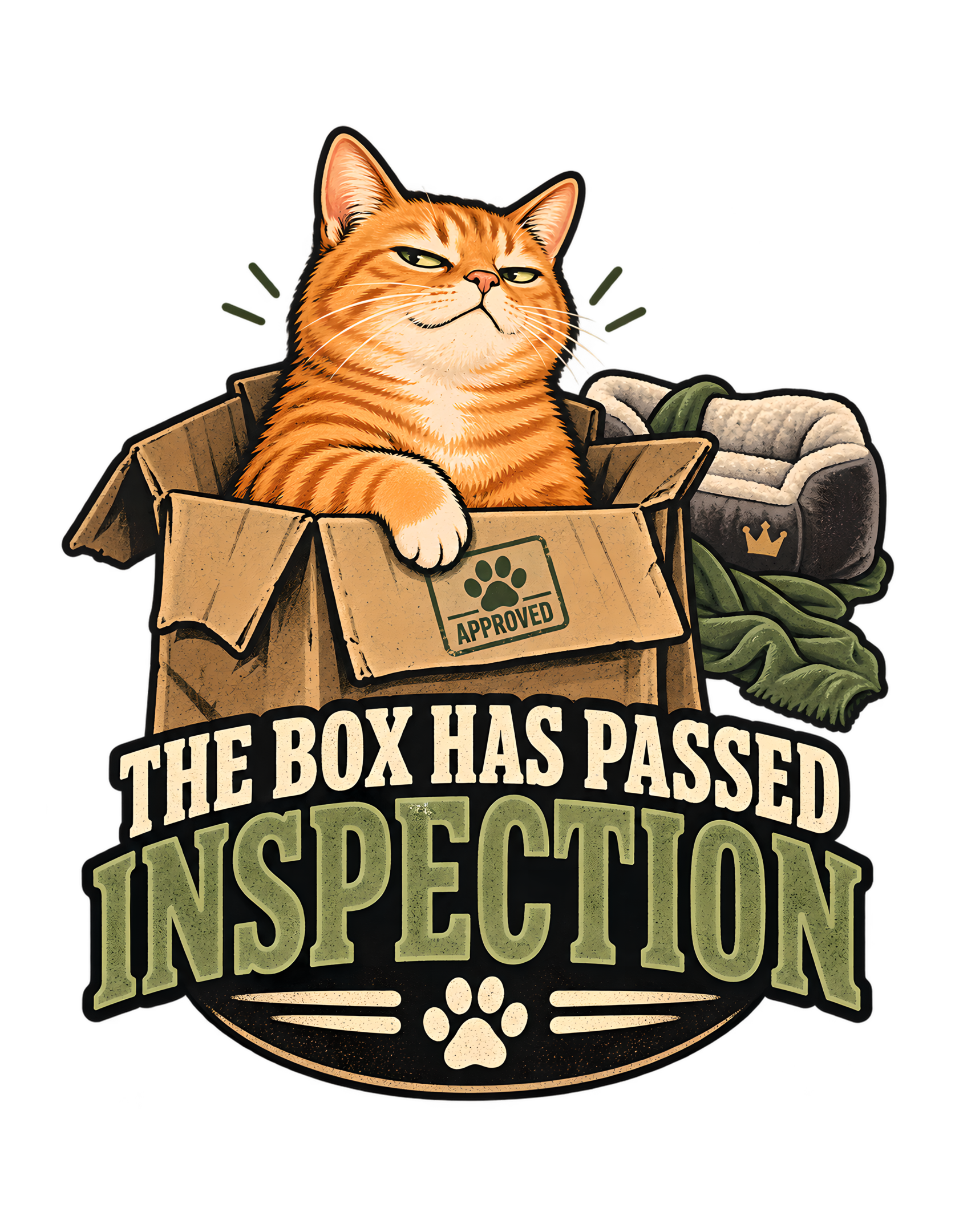 Vintage badge-style artwork of a confident orange tabby sitting inside a slightly dented cardboard box with an APPROVED paw stamp, while a plush cat bed sits ignored behind it above the phrase “THE BOX HAS PASSED INSPECTION.”
