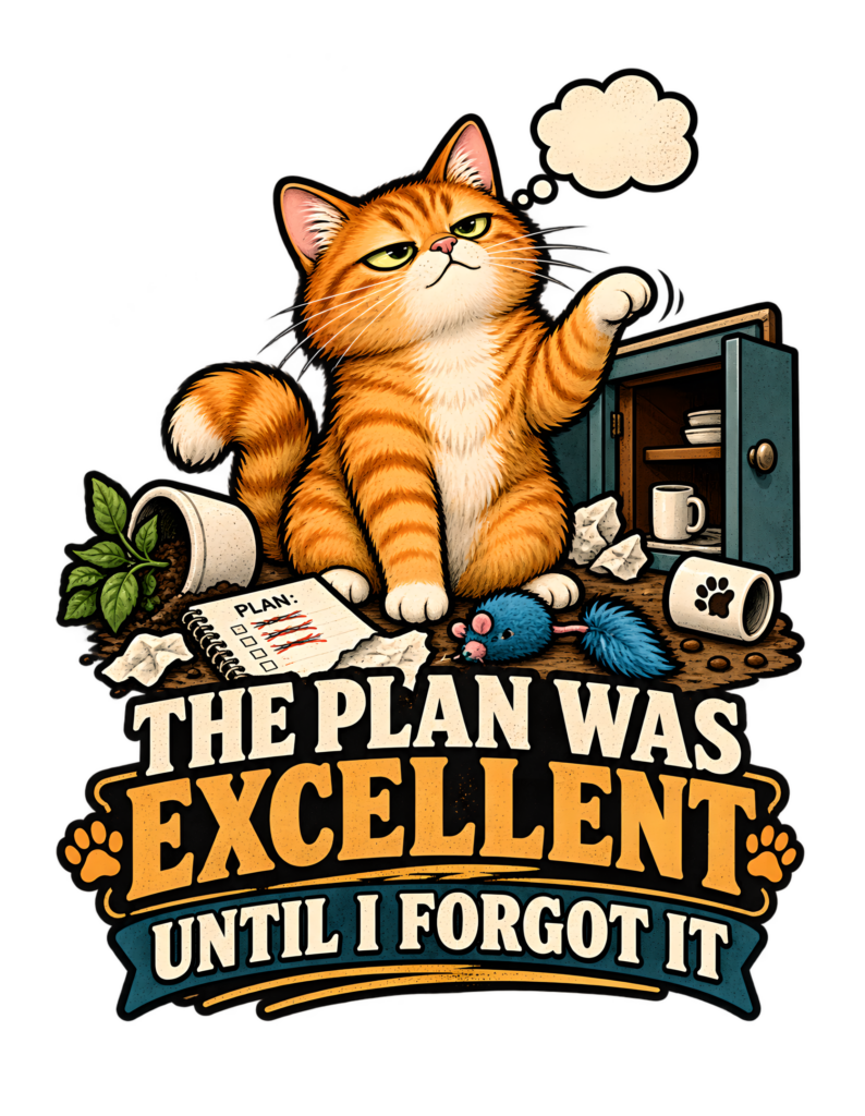 Distressed vintage-style artwork of an orange cat with one paw raised beside a tipped plant, open cabinet, toy mice, crumpled papers, overturned paw-print mug, and a notebook marked “PLAN:” beneath the phrase “THE PLAN WAS EXCELLENT UNTIL I FORGOT IT.”