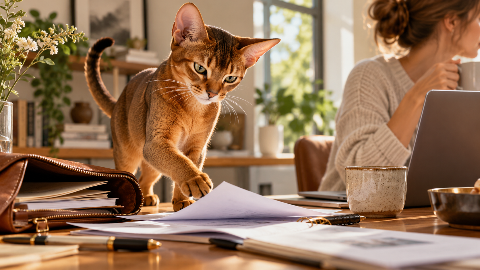 Curious Abyssinian attentively studying ordinary household objects with an alert expression.