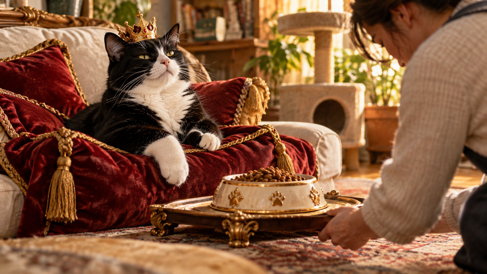 A confident tuxedo cat occupies an ordinary home as if it were a royal court while a human quietly handles routine household service in the background.