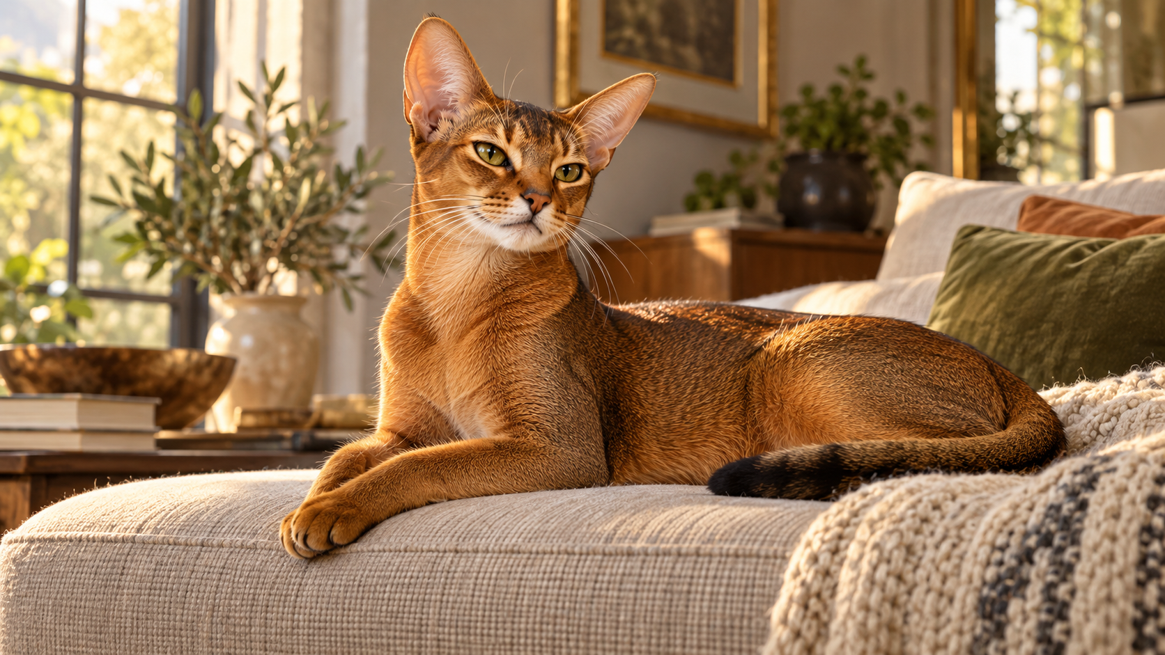 Abyssinian portrait highlighting the warm ticked short coat in a quiet home setting.