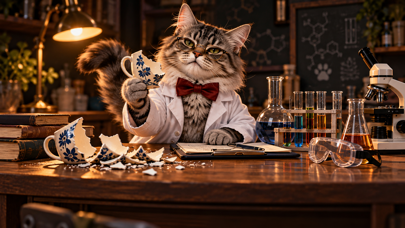A scientist cat, workbench, glassware, broken mug, clipboard, and broad base are arranged into one compact, cohesive emblem-like silhouette.