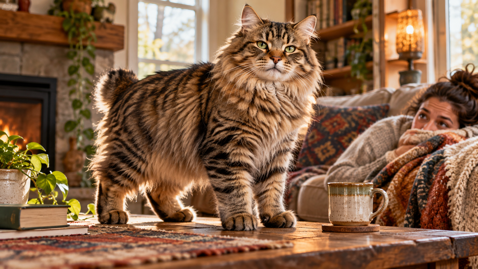 A rugged-looking American Bobtail with a shaggy coat relaxes comfortably in a refined home, pairing a wild appearance with a calm, easygoing demeanor.