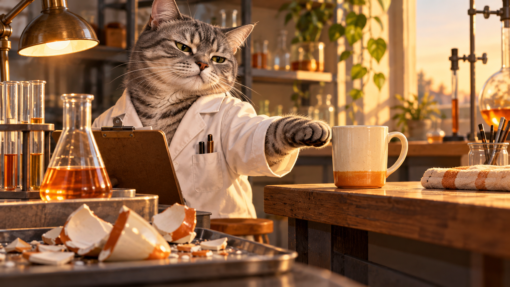 A gray tabby scientist pauses with one paw near an intact mug while broken ceramic pieces from an earlier trial remain visible nearby.