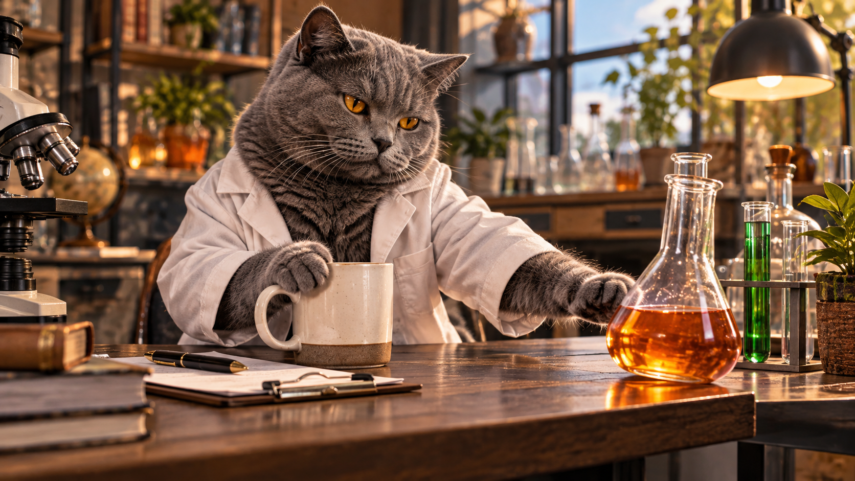 A gray tabby cat scientist works at a compact bench with orange and green glassware, a mug, pen, and clipboard, blending laboratory credibility with ordinary household objects.