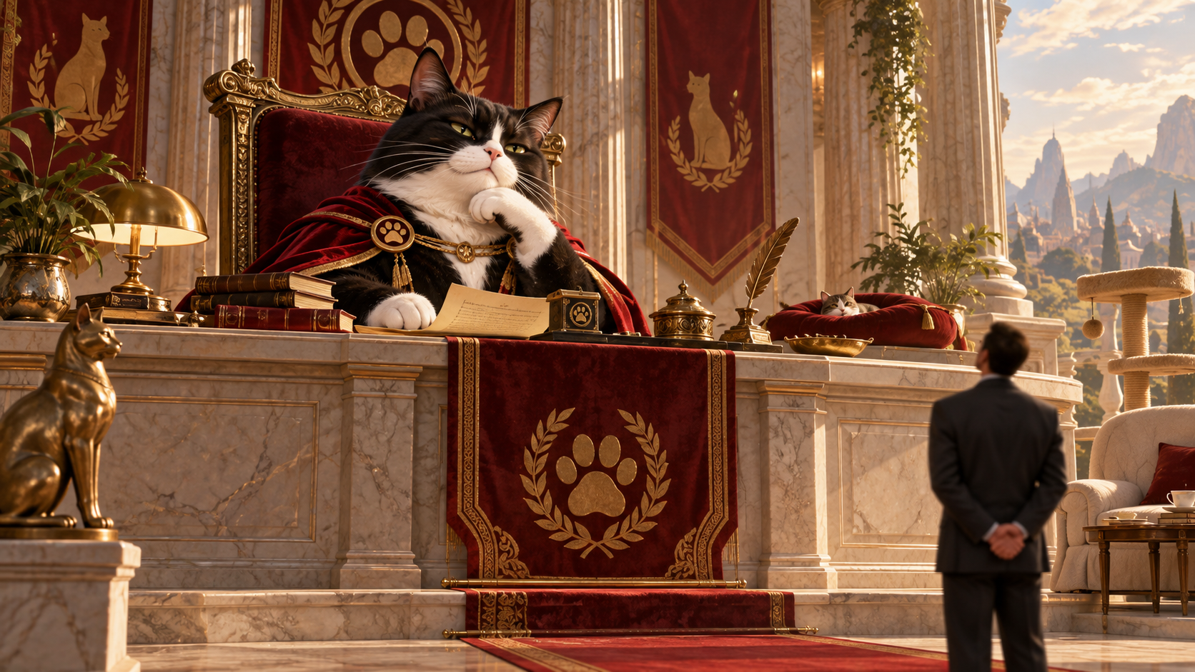 A regal tuxedo cat presides over a formal review while a modern human silhouette stands below, turning household service into a mock institutional performance evaluation.