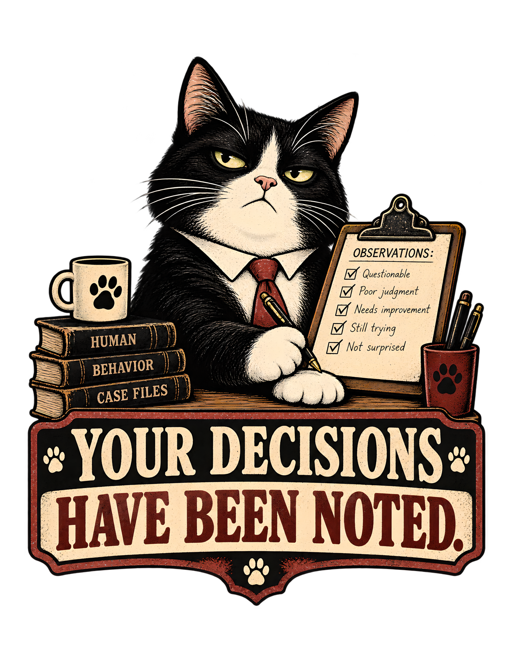 Vintage-style artwork of a stern tuxedo cat in a white collar and red tie holding a clipboard beside books labeled “HUMAN BEHAVIOR CASE FILES,” a paw-print mug, and desk supplies above the phrase “YOUR DECISIONS HAVE BEEN NOTED.”