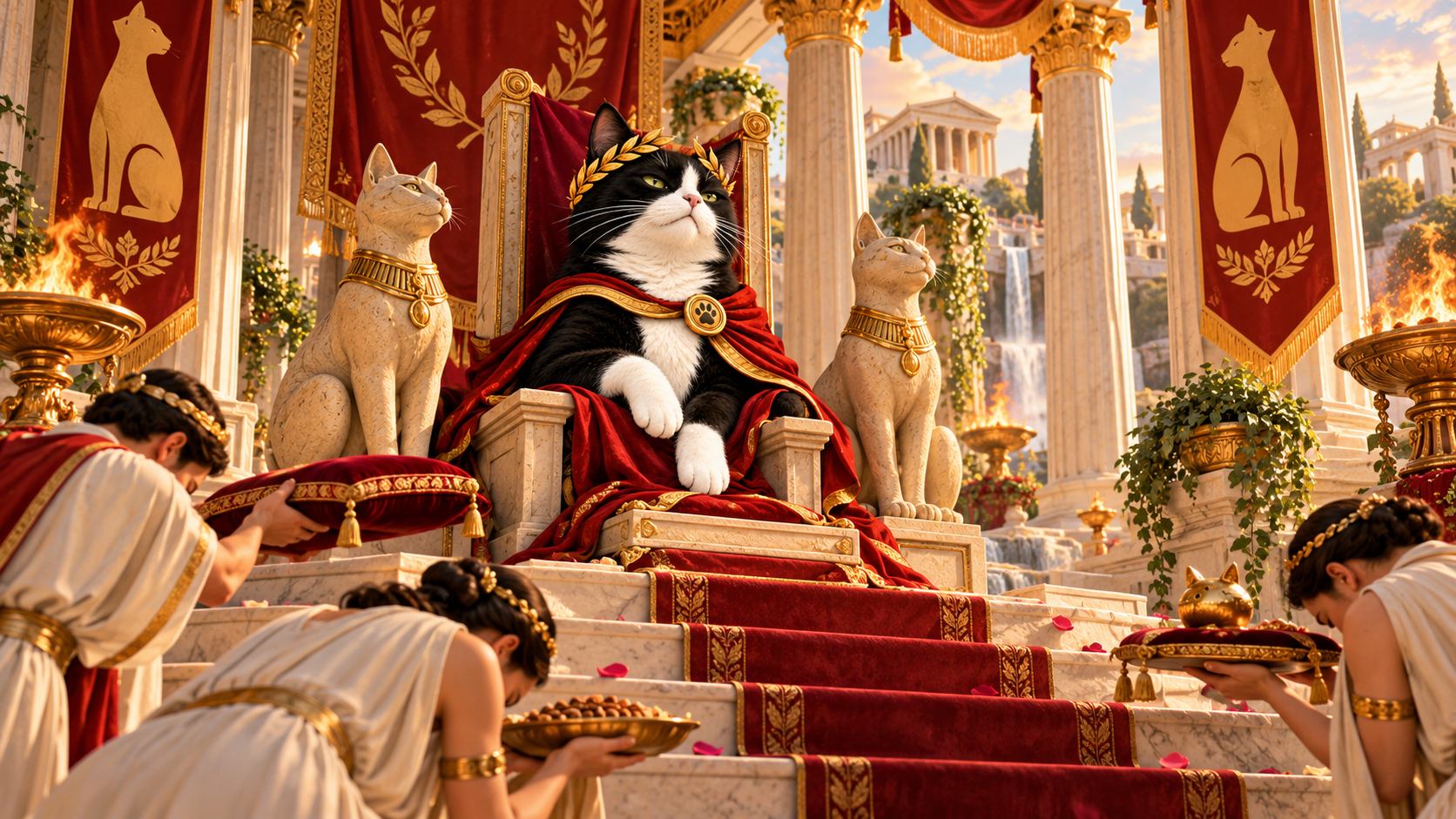 A composed tuxedo cat presides over a grand ceremonial setting with columns, feline statues, banners, and laurel details, turning ordinary cat entitlement into monumental reverence.